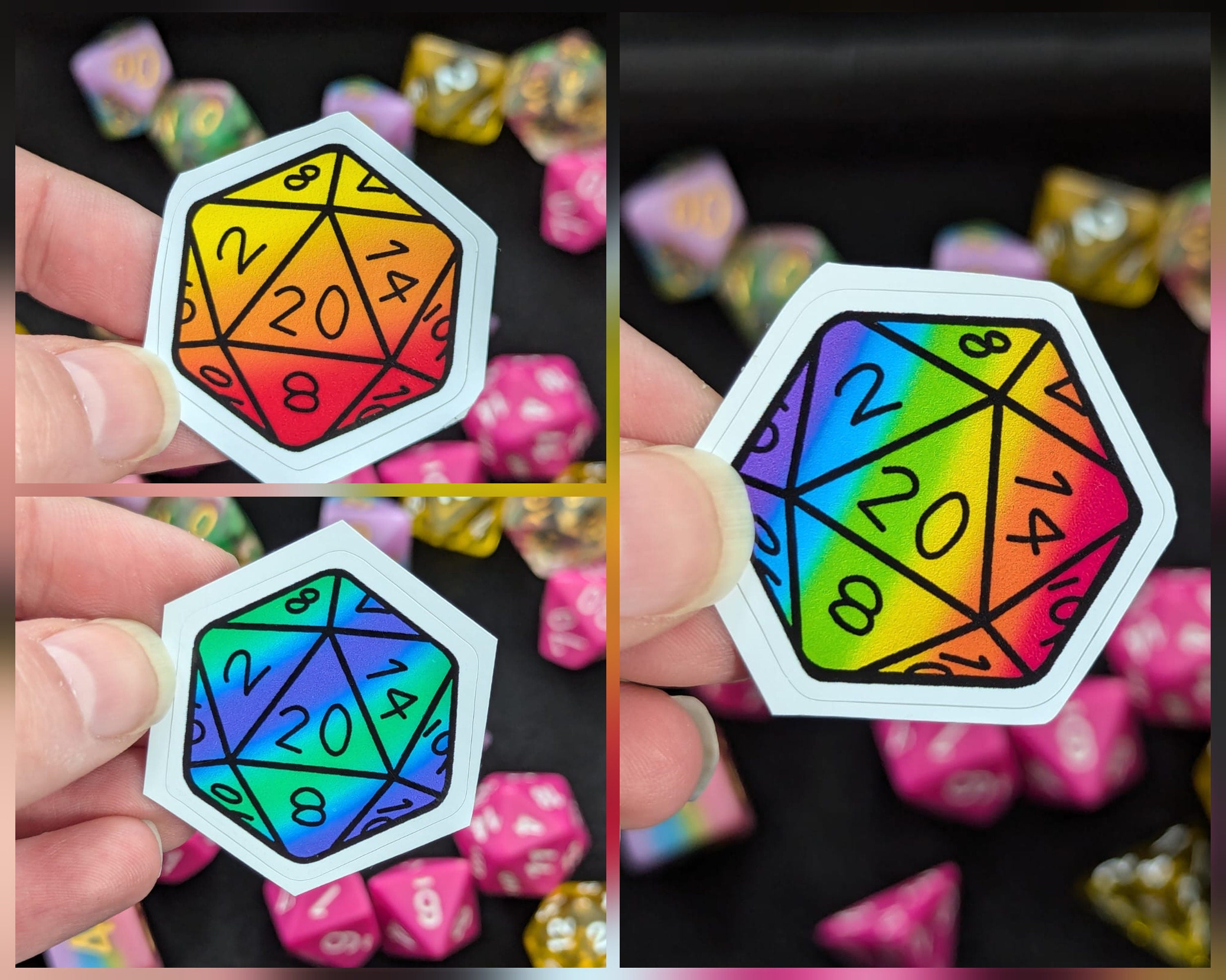 Mini Wood Colorful/Rainbow Pins and D20 Dice Acrylic Pin Badges or Stickers Dungeons & Dragons/DND/TTRPG.