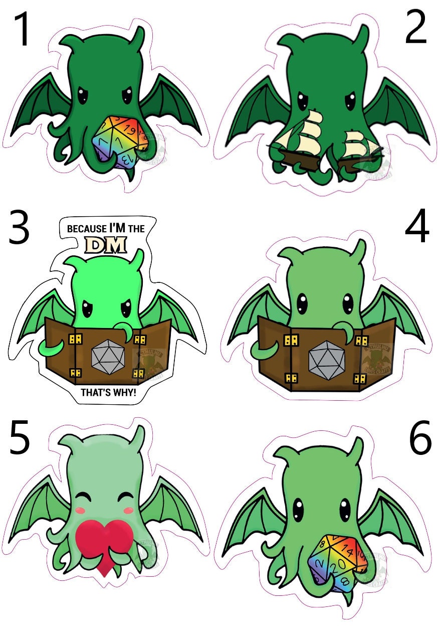 Cute Cthulhu Stickers in various designs, holding critical fail & success rainbow d20, destroying a ship, being a DM and holding a loveheart