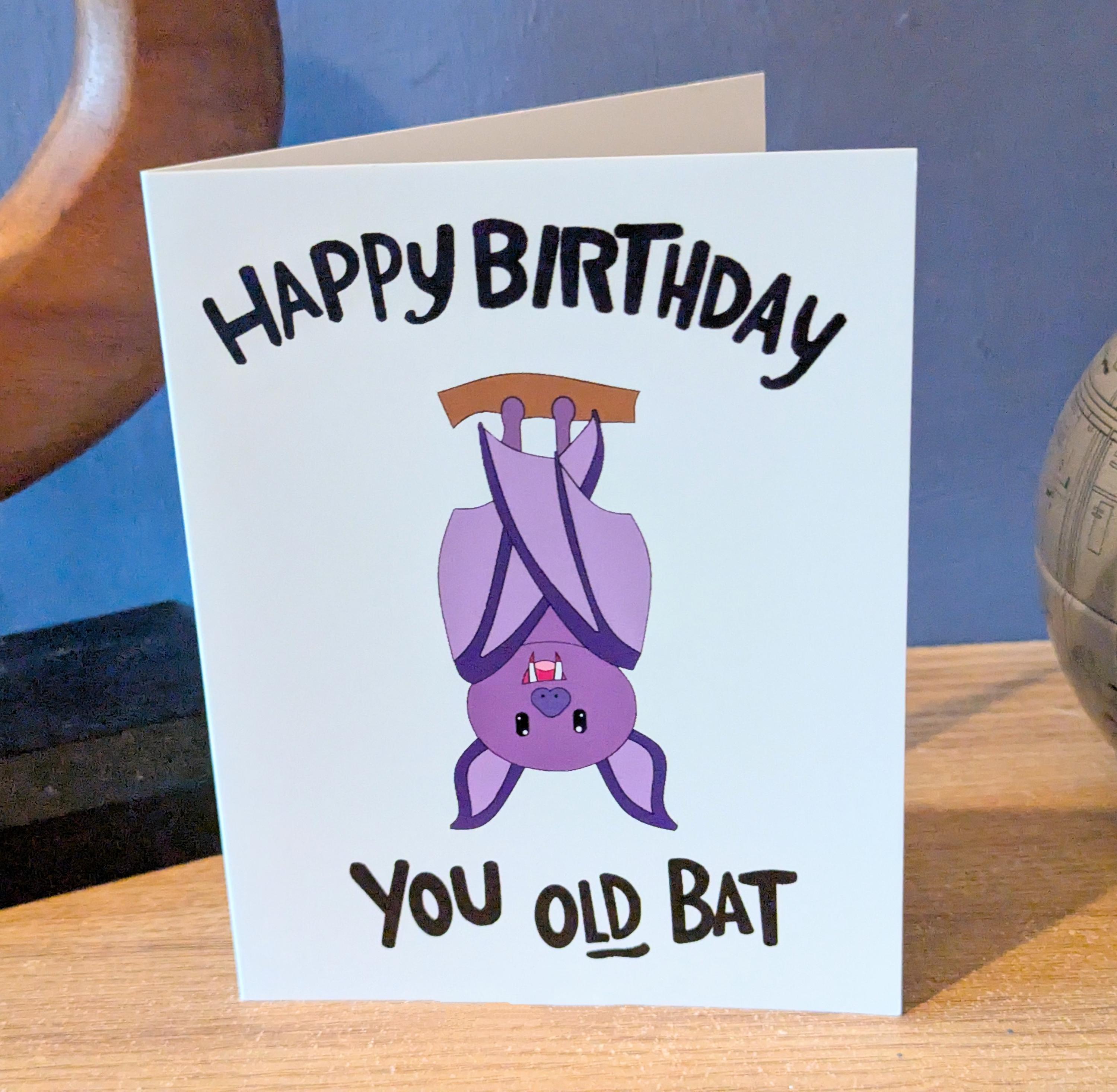 Purple Vampire Bat Birthday, Greetings Cards, Nerdy, Happy Birthday You Old Bat, Dark Humor, funny puns Folding Card.