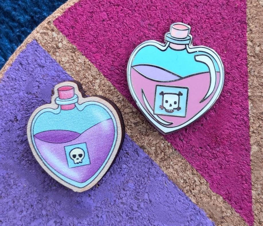 Potion of Poison Stickers, Enamel or Wooden pins. Cute heart-shaped potion bottle, pink liquid and a skull label, D&D lapel / brooch/ badge.