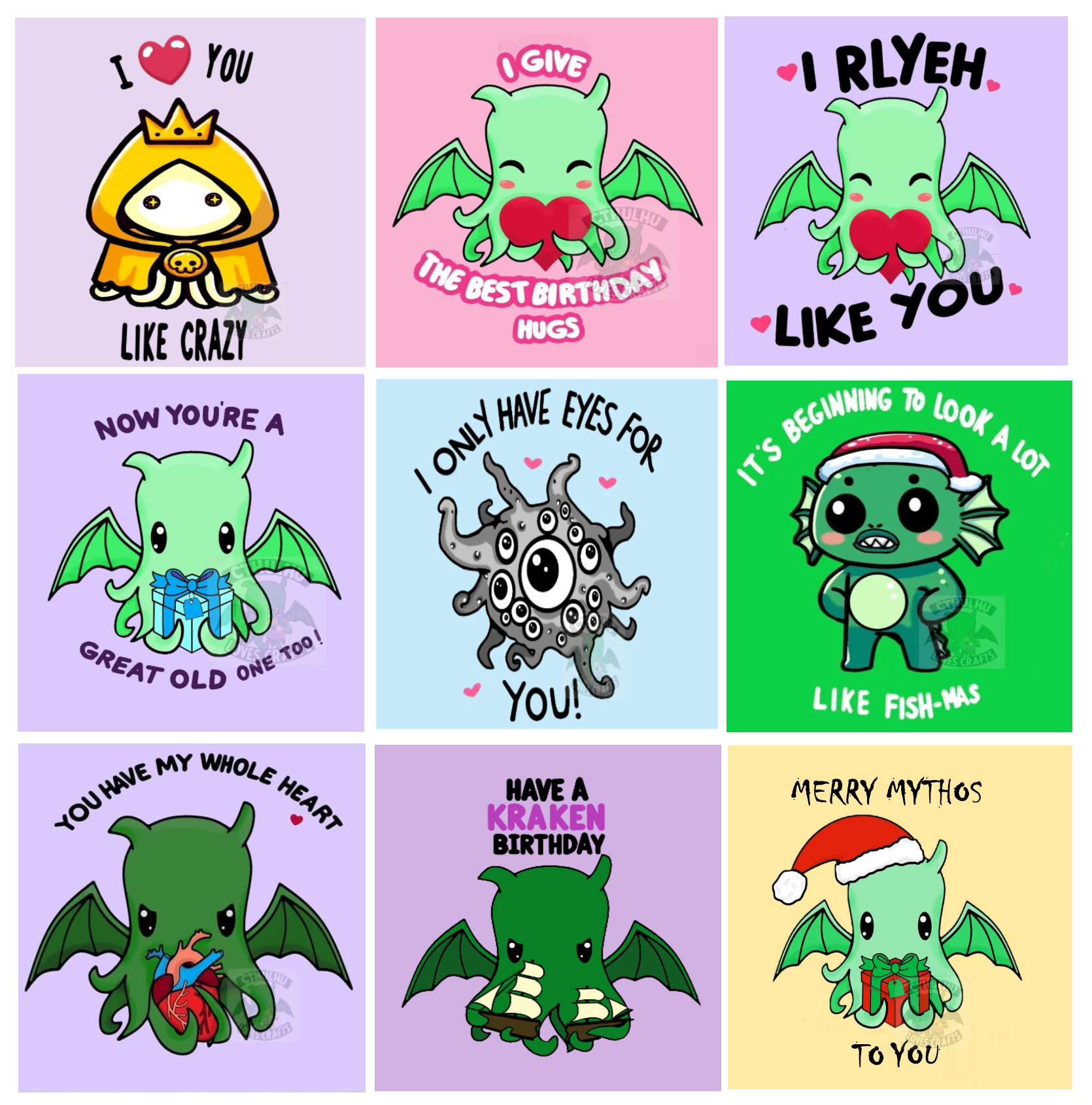 Digital Downloadable File Cute Cthulhu Elder Gods Birthday / Valentines / Christmas/ Anniversary Cards A4, with Kraken/ship, Great Old One, Hastur, Shoggoth Nerdy Greeting Cards H.P. Lovecraft Mythos / Call of Cthulhu