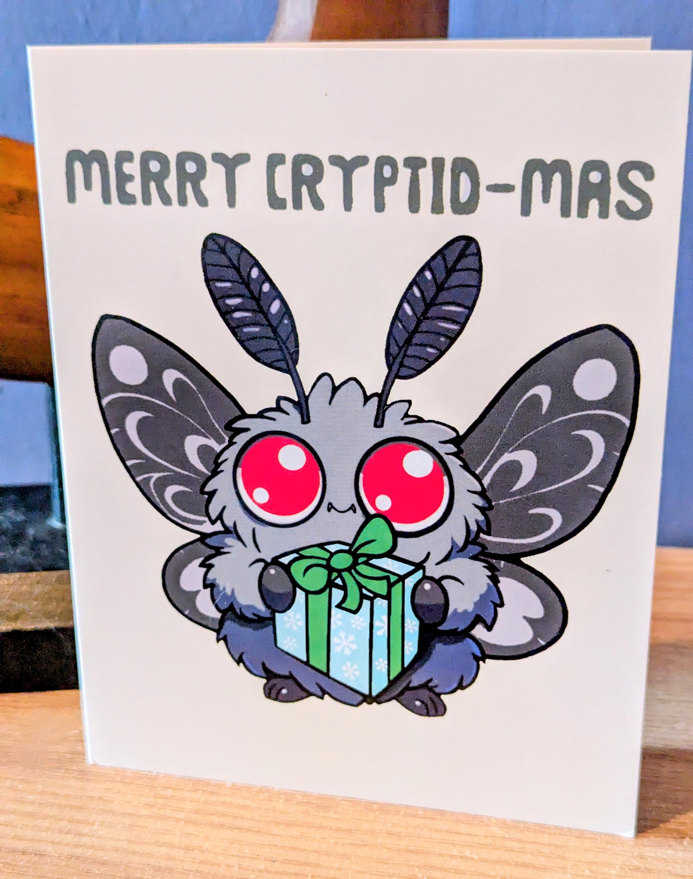 Mothman or Yeti Christmas Cards, Greetings Nerdy Xmas. Abominable Snowman, Cute Cryptid, Pun, Funny Folding Card Happy Holidays