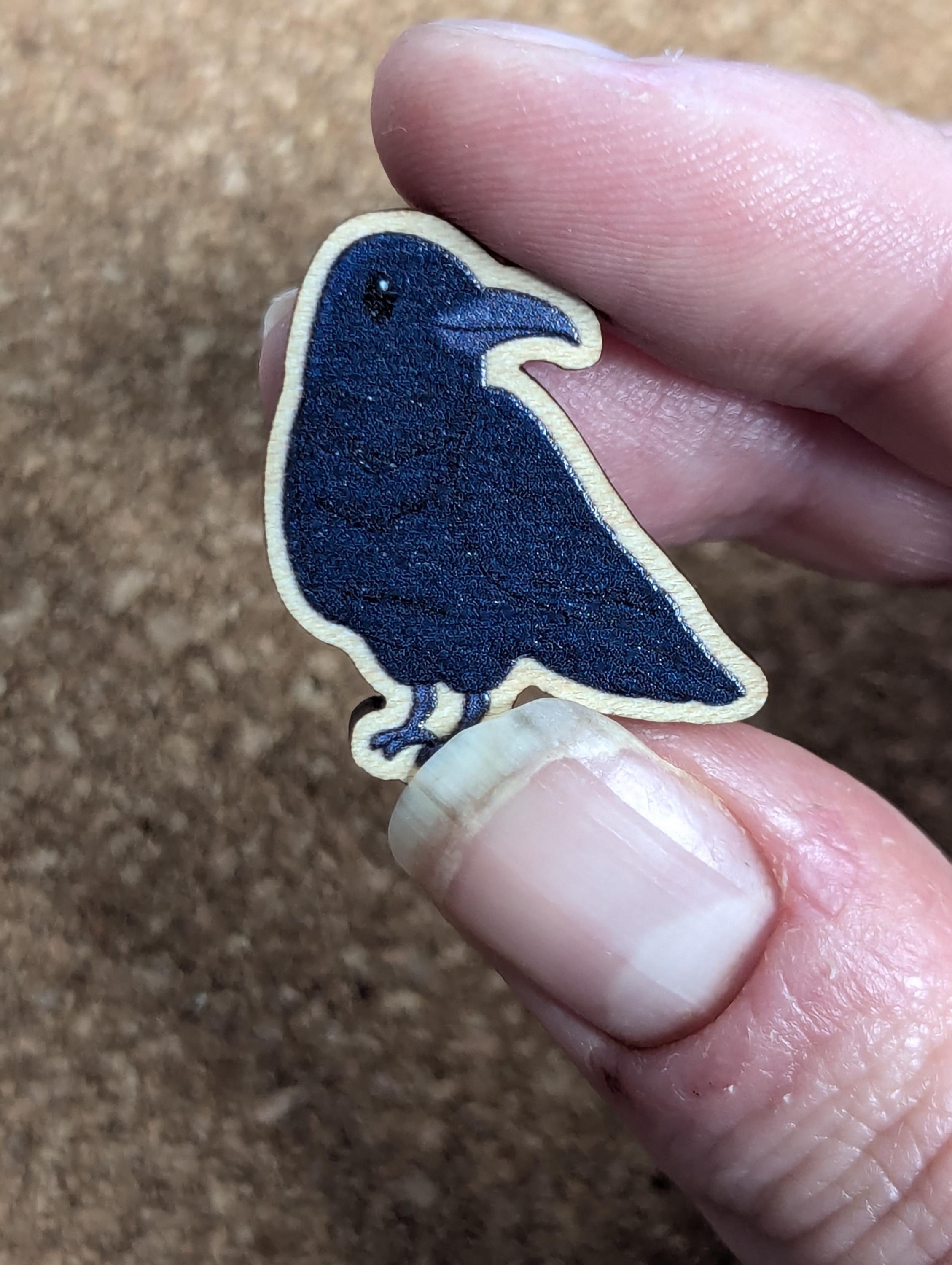 Raven and skull, acrylic or wooden pins, Cute little raven or crow wooden pin or raven acrylic lapel pin