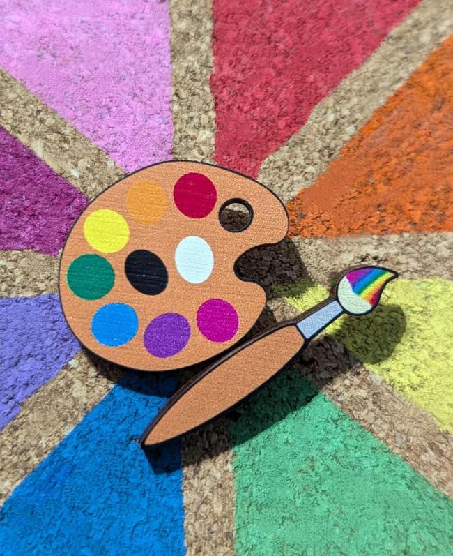 Artists palette and brush wooden pins. crafty gift, rainbow pallete, painter pin set lapel / brooch / badge.