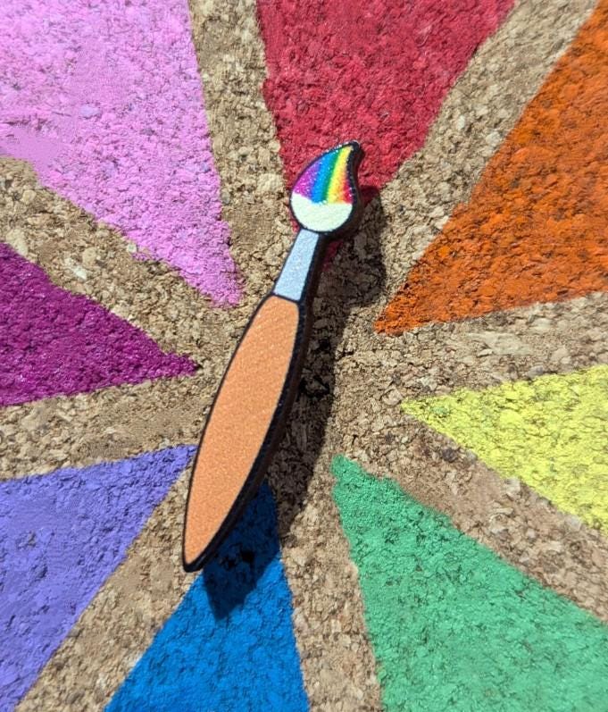 Artists palette and brush wooden pins. crafty gift, rainbow pallete, painter pin set lapel / brooch / badge.