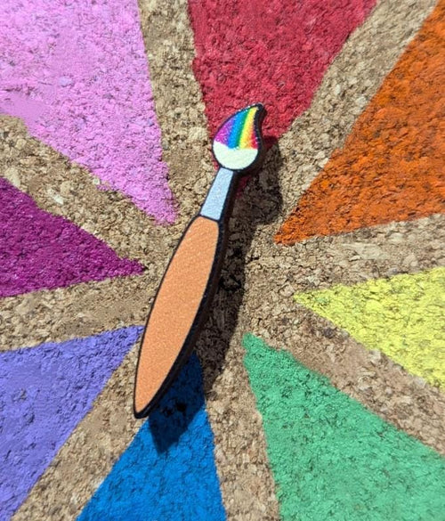Artists palette and brush wooden pins. crafty gift, rainbow pallete, painter pin set lapel / brooch / badge.