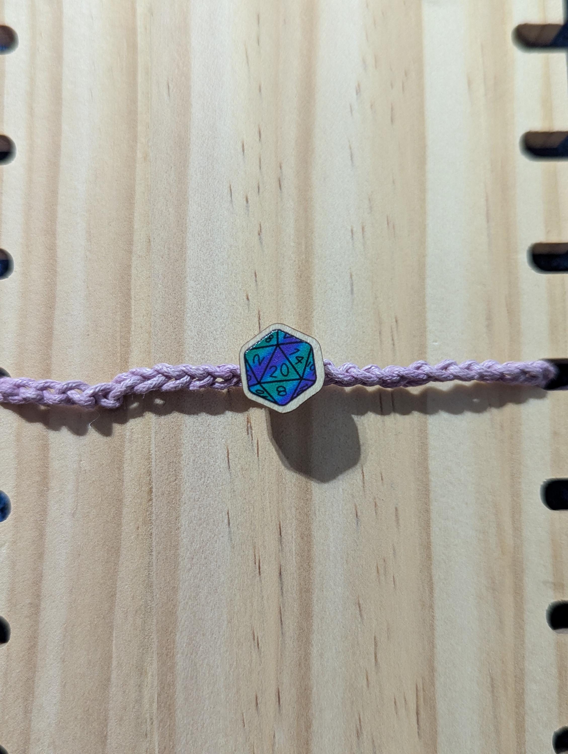 D20 Dice wooden charm bracelet, friendship bracelet, waxed cord, rainbow charm, DnD TTRPG accessory