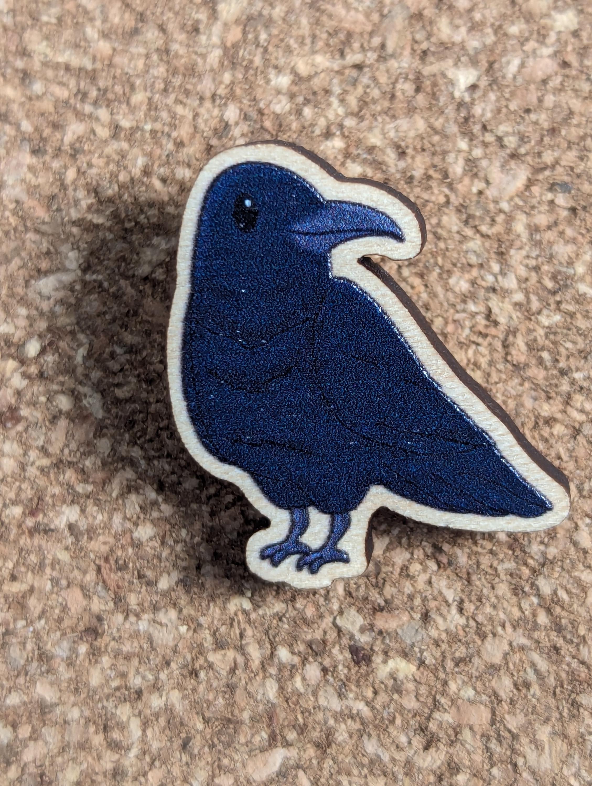 Raven and skull, acrylic or wooden pins, Cute little raven or crow wooden pin or raven acrylic lapel pin