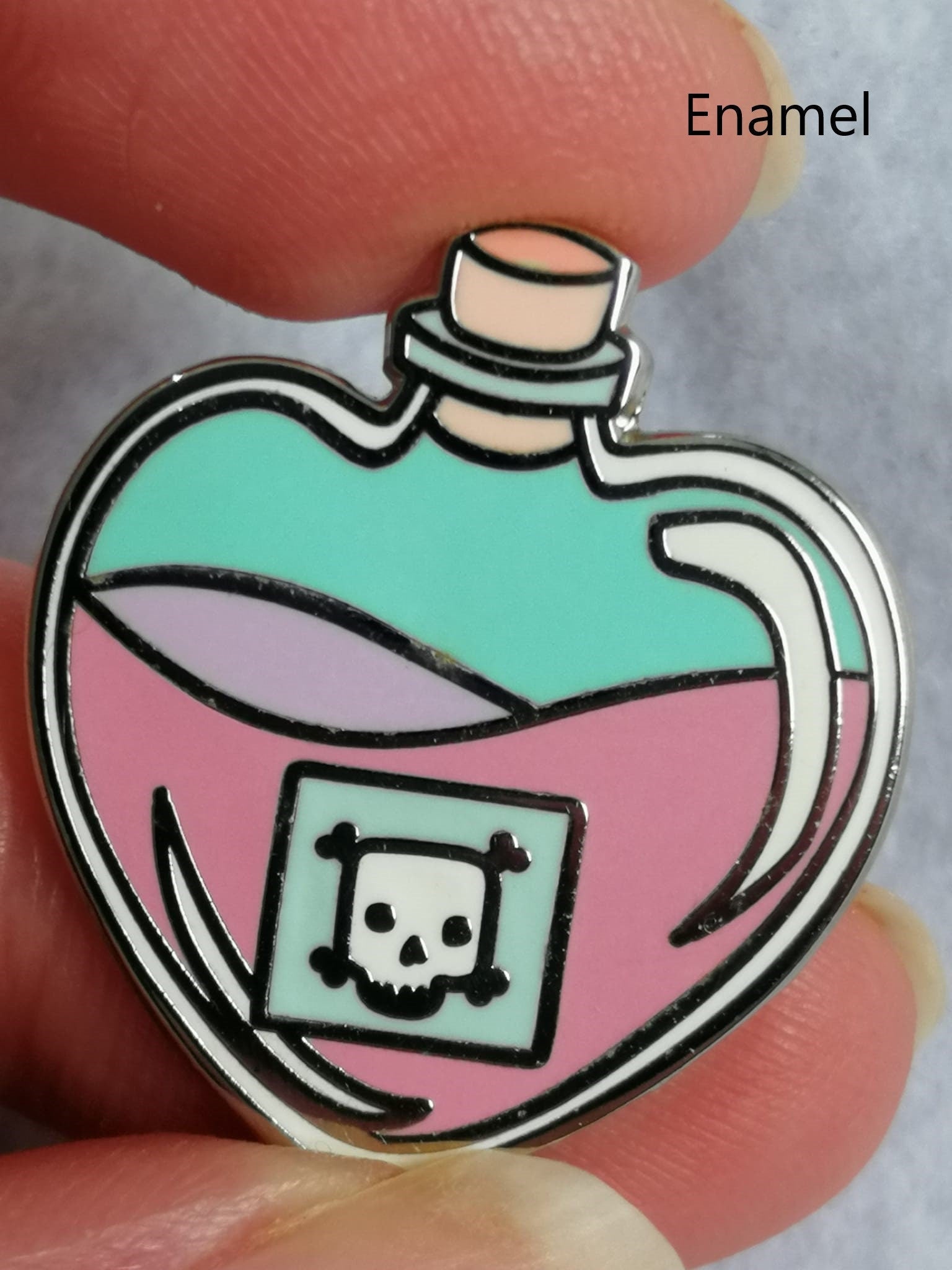 Potion of Poison Stickers, Enamel or Wooden pins. Cute heart-shaped potion bottle, pink liquid and a skull label, D&D lapel / brooch/ badge.