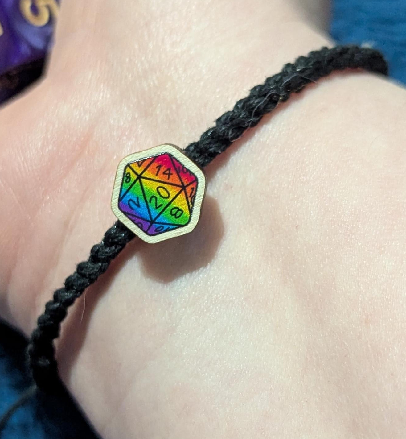 D20 Dice wooden charm bracelet, friendship bracelet, waxed cord, rainbow charm, DnD TTRPG accessory