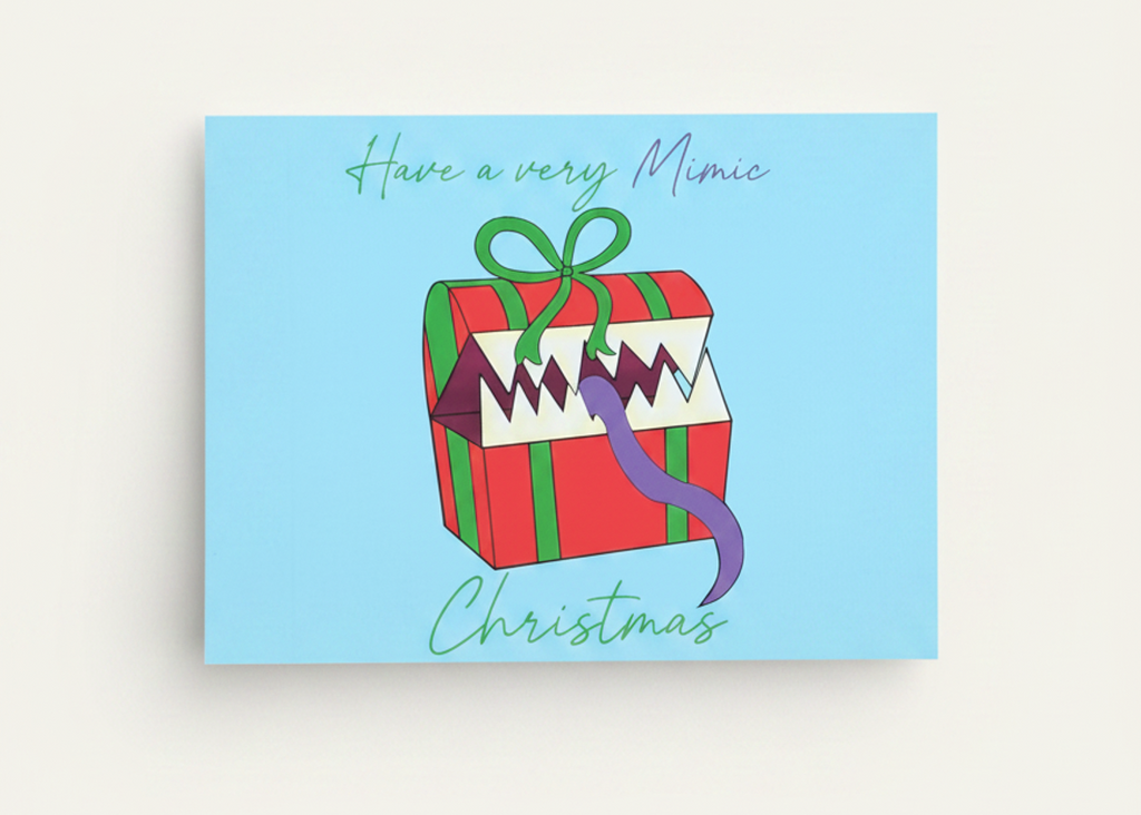 A square light blue Christmas greeting card featuring a cartoon xmas mimic with the text 'Have a very Mimic Christmas' in green and purple script.