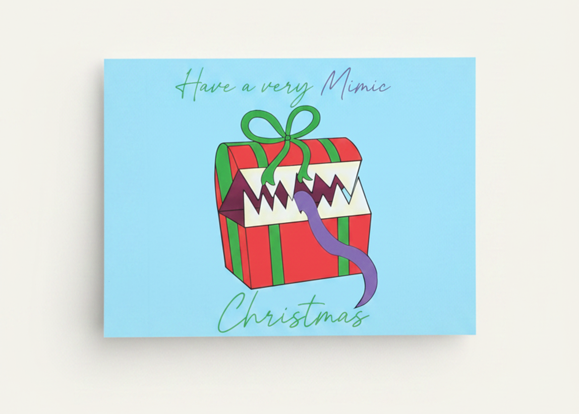 A square light blue Christmas greeting card featuring a cartoon xmas mimic with the text 'Have a very Mimic Christmas' in green and purple script.