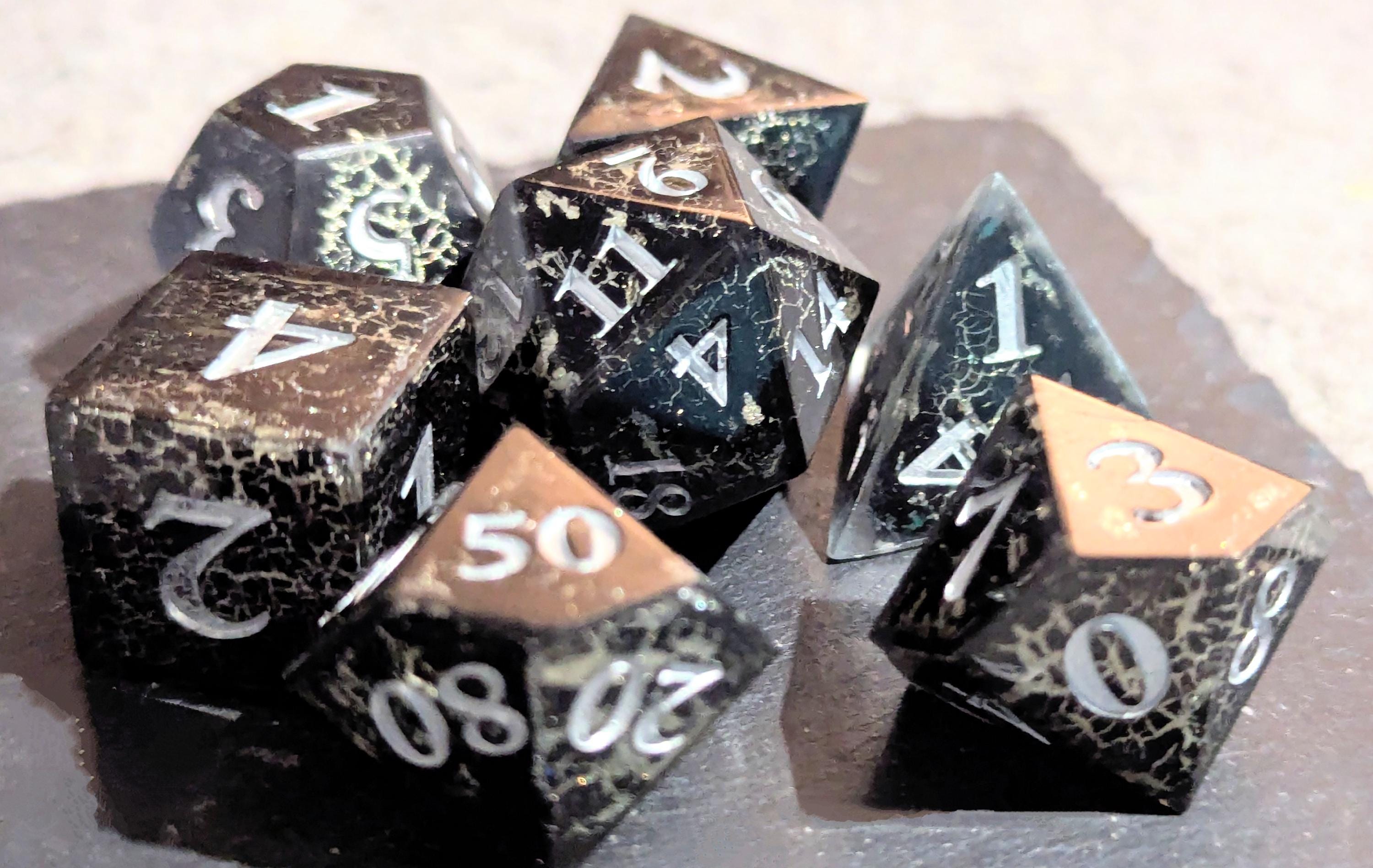 Night Tempest (Crackle effect) - Black and Silver 7 pcs Polyhedral Resin Dice Set, D&D DND Handmade Dice, Rpg Sharp edge.