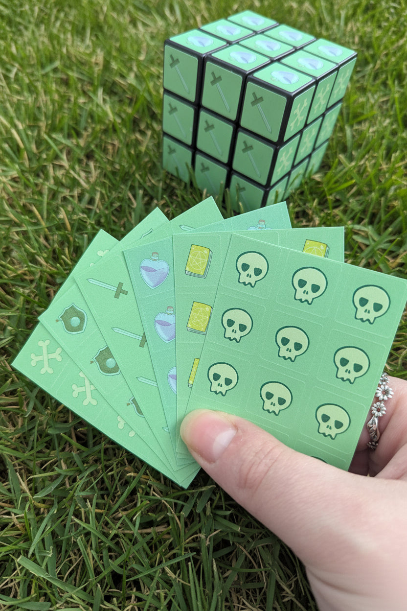 Green stickers with skull, spellbooks, potions and more designs held by a hand, Rubik's Cube in the background.