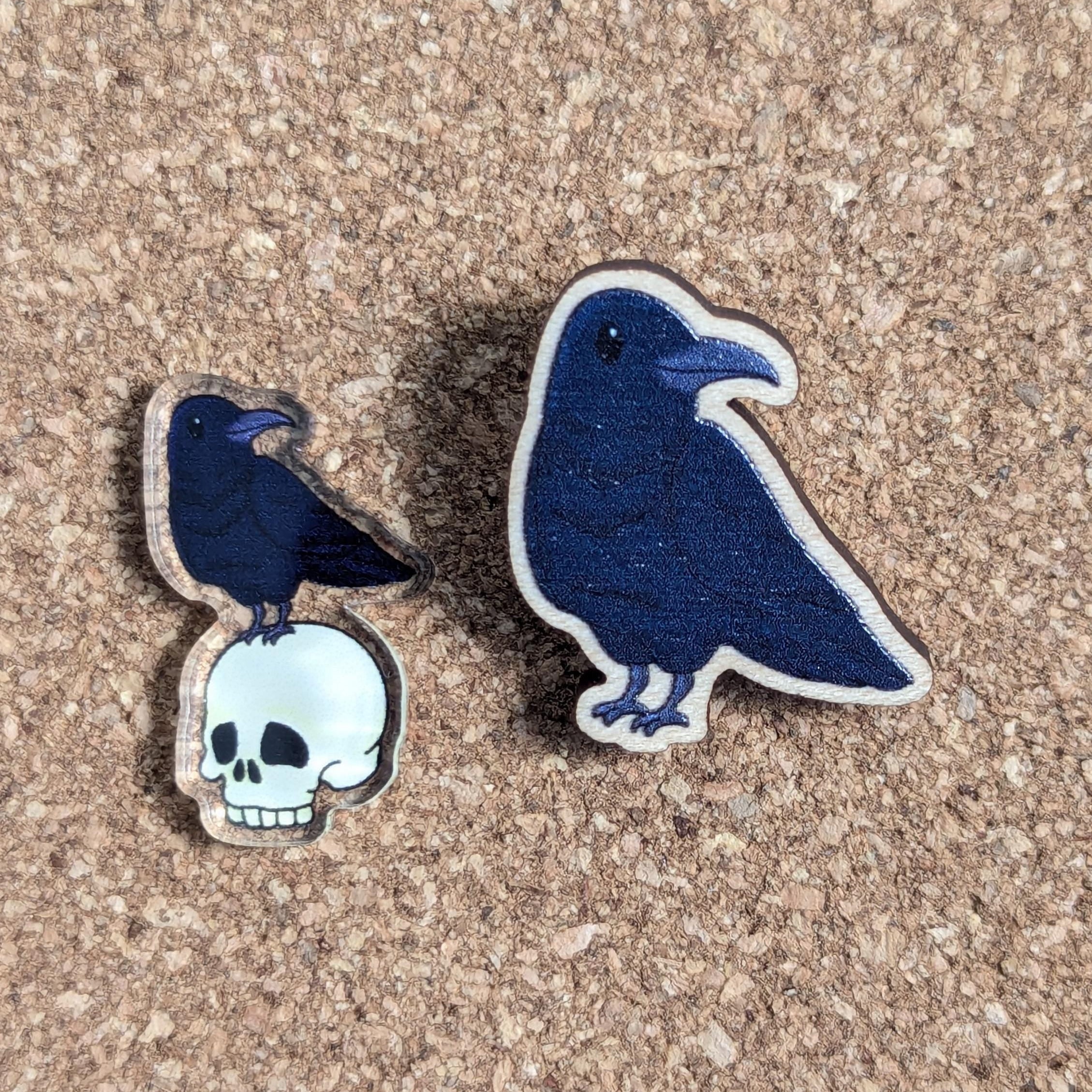 Raven and skull, acrylic or wooden pins, Cute little raven or crow wooden pin or raven acrylic lapel pin