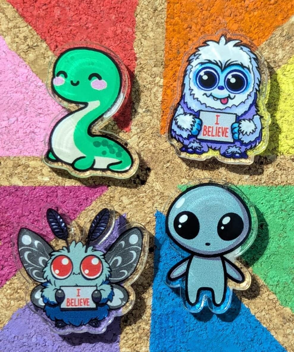 Cute Cryptids I Believe Acrylic Pins, Loch Ness Monster, Mothman, Yeti, Gray alien, Lapel / Brooch / Badge Pin Set / Accessories