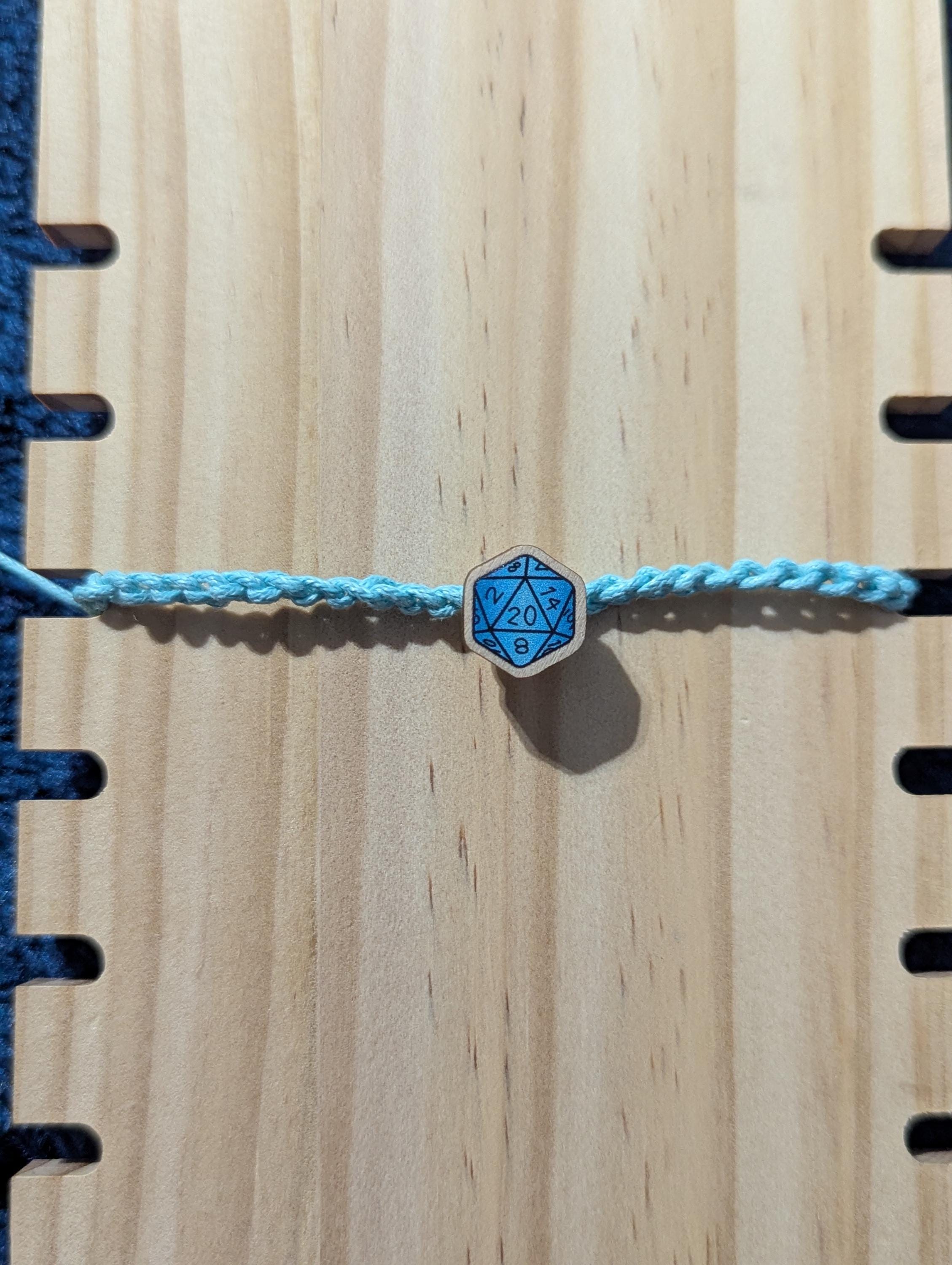 D20 Dice wooden charm bracelet, friendship bracelet, waxed cord, rainbow charm, DnD TTRPG accessory