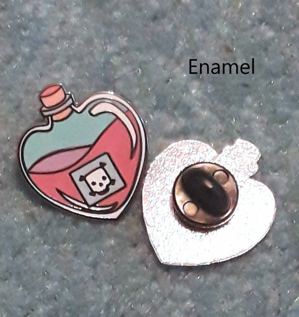 Potion of Poison Stickers, Enamel or Wooden pins. Cute heart-shaped potion bottle, pink liquid and a skull label, D&D lapel / brooch/ badge.