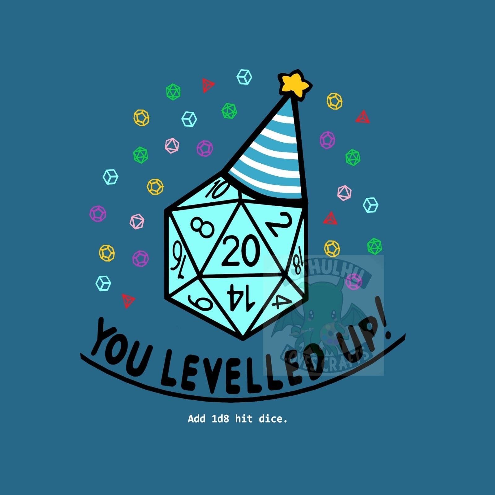 D20 dice with a party hat and confetti on a blue background, featuring text 'You Levelled Up!'.