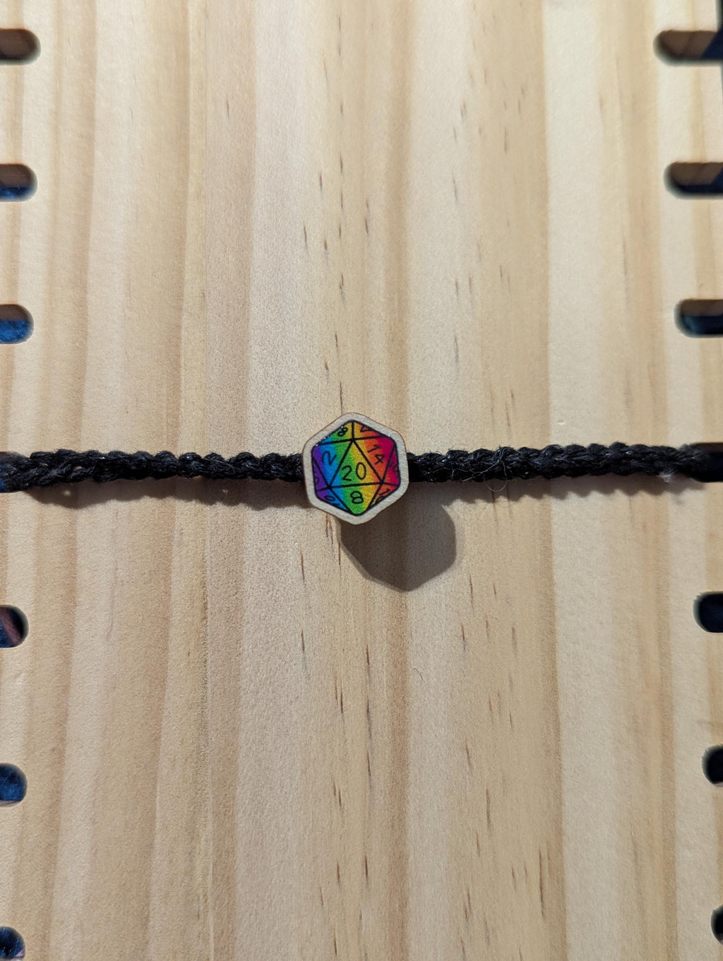 D20 Dice wooden charm bracelet, friendship bracelet, waxed cord, rainbow charm, DnD TTRPG accessory