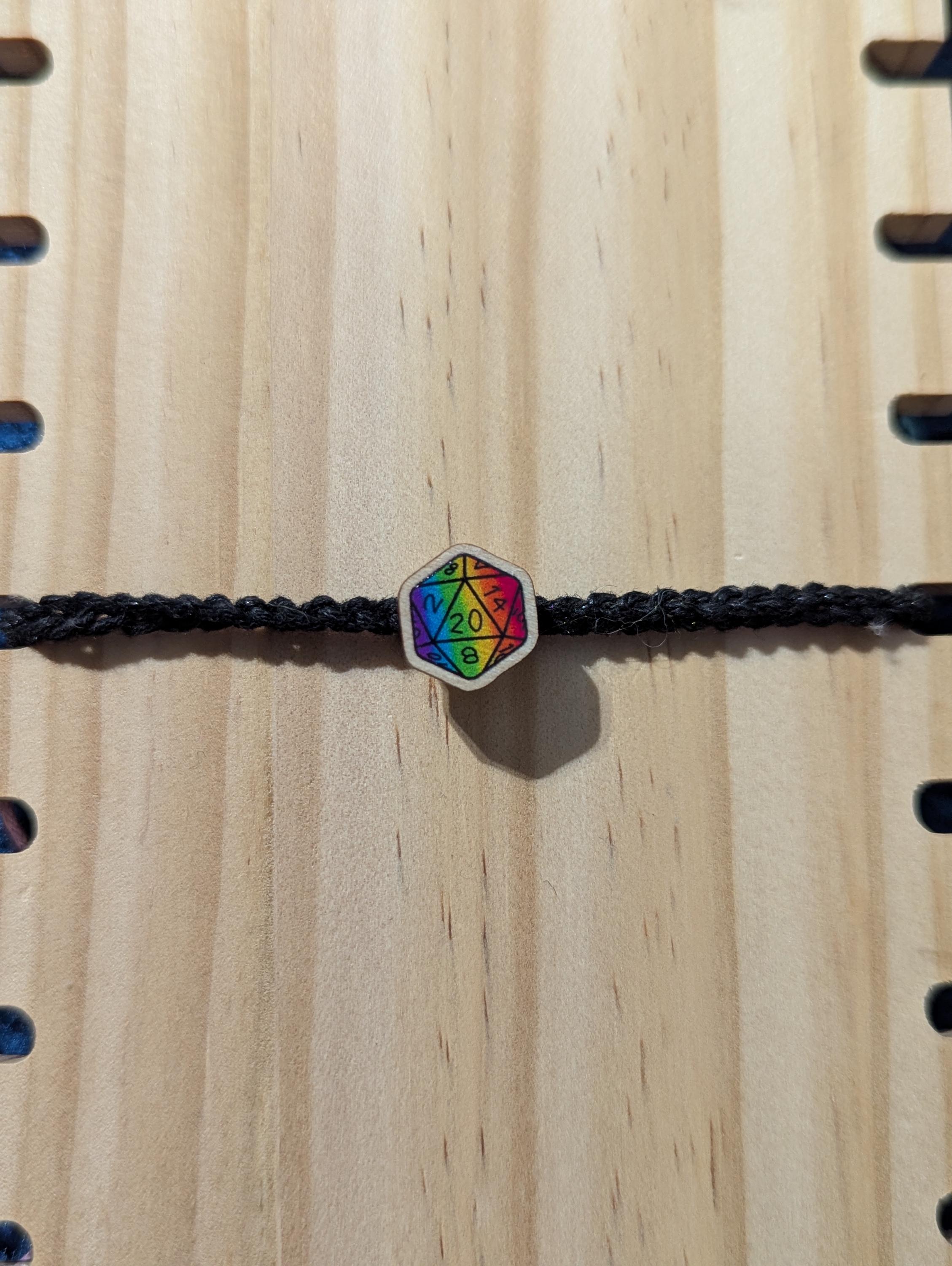 D20 Dice wooden charm bracelet, friendship bracelet, waxed cord, rainbow charm, DnD TTRPG accessory