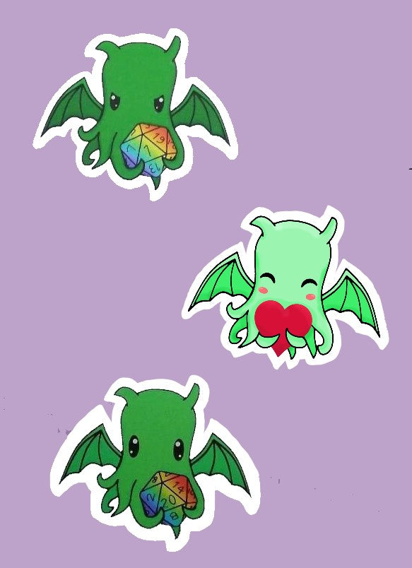 Cute Cthulhu Stickers in various designs, holding critical fail & success rainbow d20, destroying a ship, being a DM and holding a loveheart