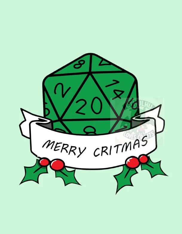 Green polyhedral dice with 'Merry Critmas' text on a light green background