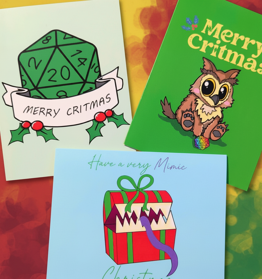 Three Christmas greeting cards arranged on a colorful background. One card shows a green 20-sided die with 'MERRY CRITMAS' text and holly accents.