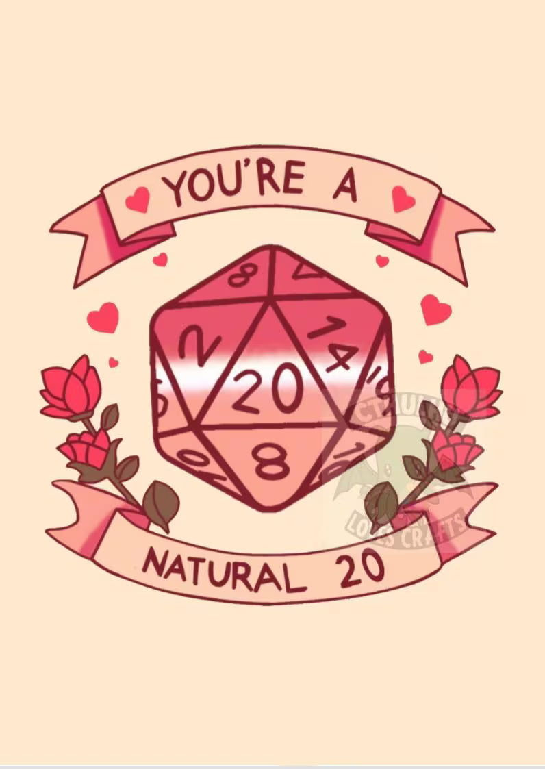 Digital Downloadable File D20 Dice DND Birthday, Valentines & Christmas Cards A4, Nerdy Greetings Card Natural 20 / Dungeons and Dragons / Critical success/fail.