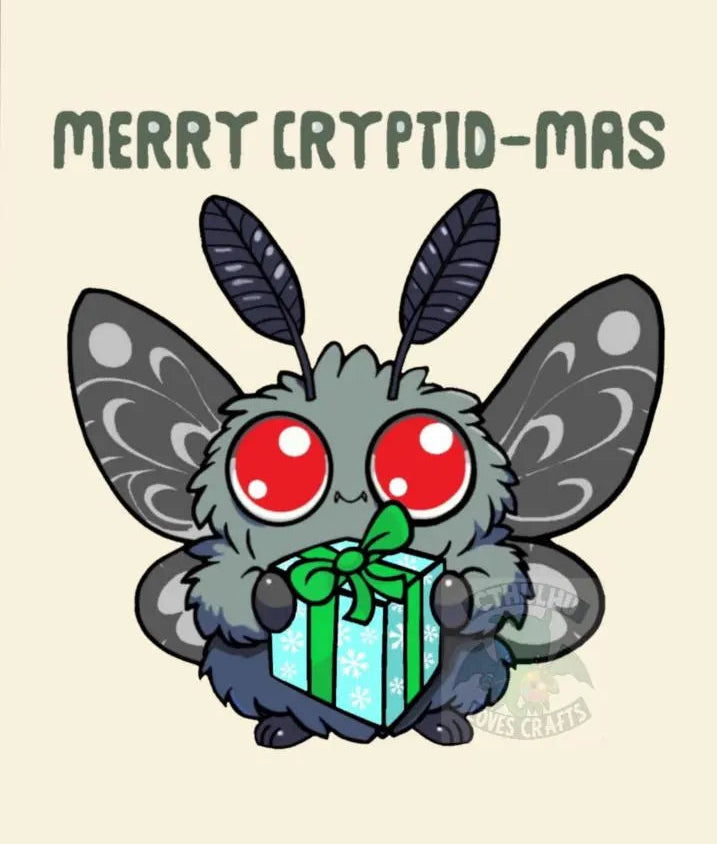 Mothman holding a gift with 'Merry Cryptid-mas' text on a beige background