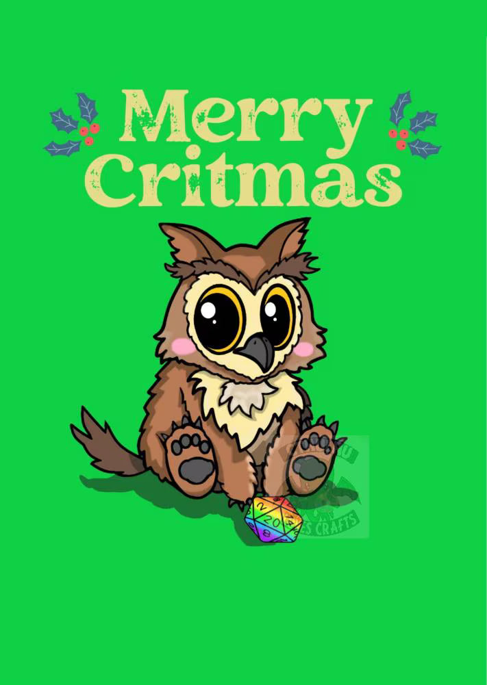 A festive Christmas card design featuring a cute owlbear with a rainbow-colored d20 against a bright green background. The text 'Merry Critmas' is written at the top in a playful yellow font, decorated with small holly leaves.