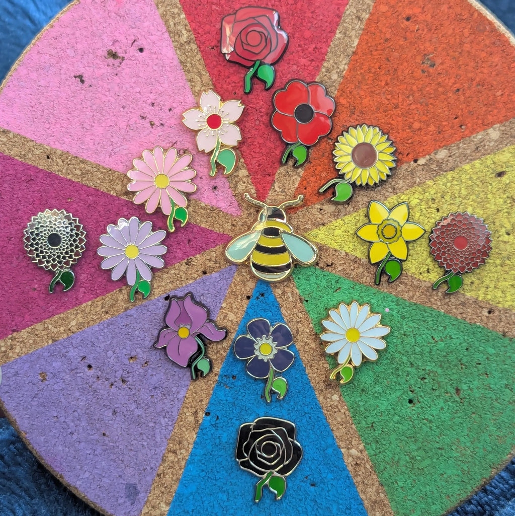 Bee & Flower hidden semi-colon mental health enamel pins, Cute honeybee with flowers lapel, badges, soft enamel with epoxy coating