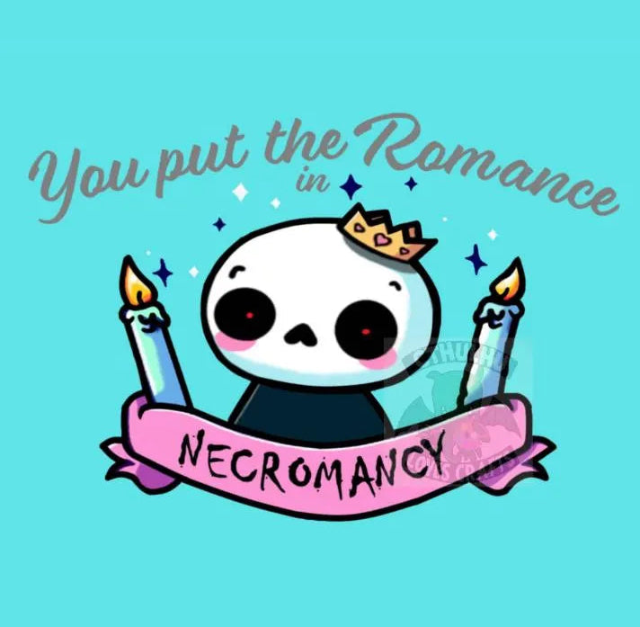 Cartoon Lich with candles and text on a light blue background