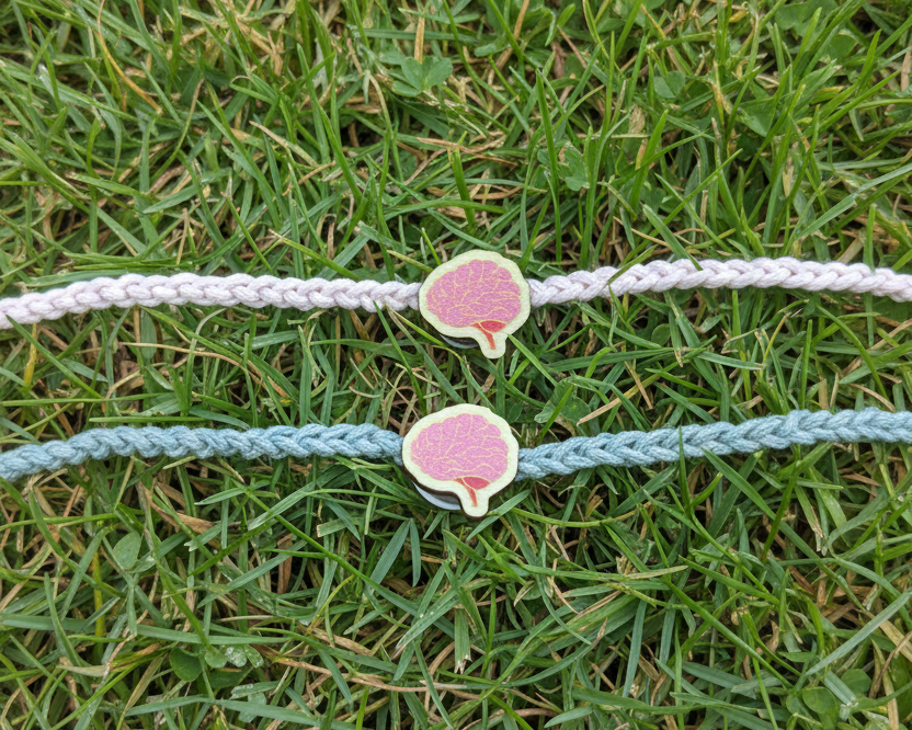 Two braided cord bracelets, one off-white and one light blue, each featuring a small pink brain-shaped charm, displayed on a grass background.