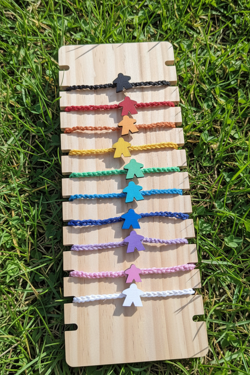A set of colorful braided bracelets arranged on a wooden display board, each featuring a small wooden meeple charm in different colors, including black, red, orange, yellow, green, blue, purple, pink, and white.