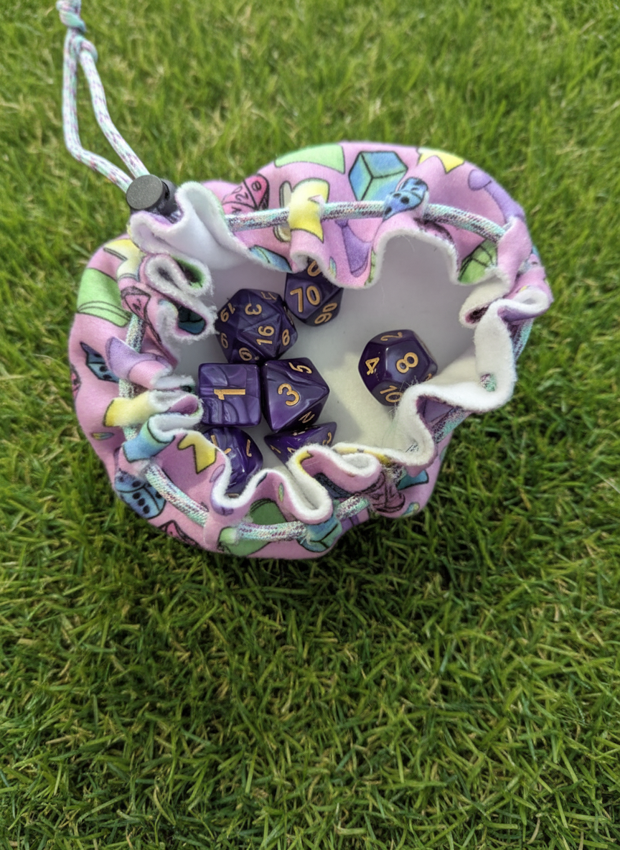 Fleece Dice Bags - Adventuring Items , Dice, Meeple & Board Game Items - Repeat Pattern fabric DND, D&D, TTRPG Accessories.