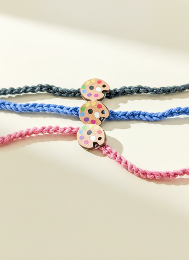Artist Palette wooden charm bracelet, handmade friendship bracelet, waxed cord, Accessories