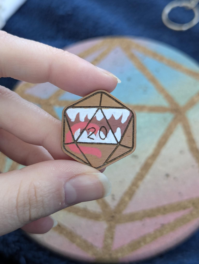 Unique Gelatinous Cube & Mimic D20 pins, Hand-painted wooden charms, pin badges D&D, DnD, RPG Accessories