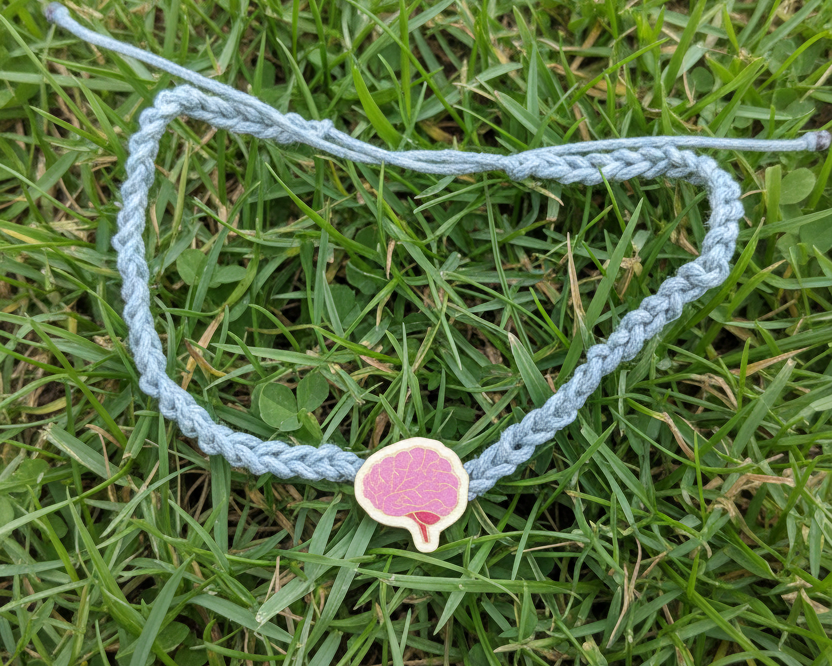 A mint green braided cord bracelet with a small oval pendant featuring a pinkish-red brain design, laid flat on a grass background.