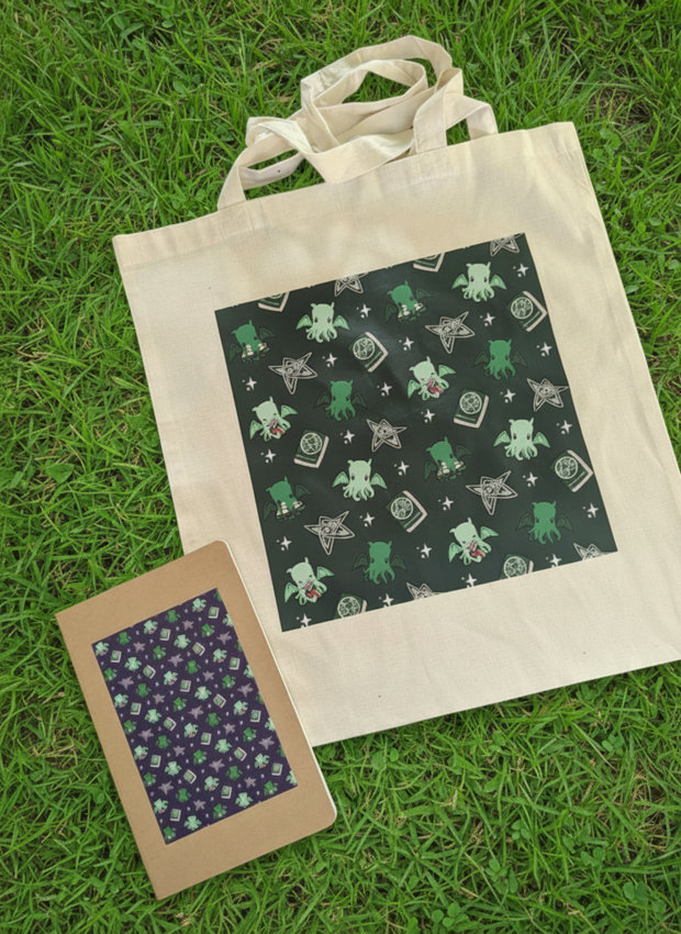 Repeat Pattern Cthulhu, Dice and Eldritch symbols cotton tote bags 100% cotton, DND, D&D, COC, TTRPG Accessories