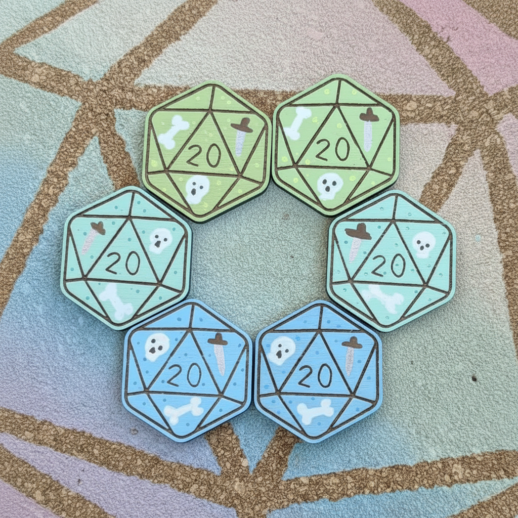 Unique Gelatinous Cube & Mimic D20 pins, Hand-painted wooden charms, pin badges D&D, DnD, RPG Accessories