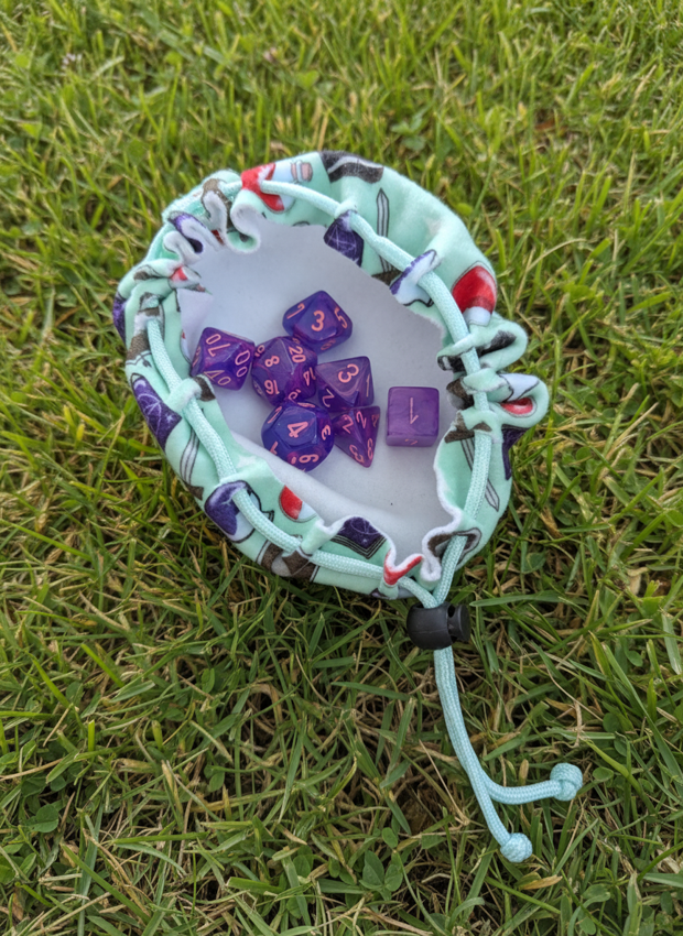 Fleece Dice Bags - Adventuring Items , Dice, Meeple & Board Game Items - Repeat Pattern fabric DND, D&D, TTRPG Accessories.
