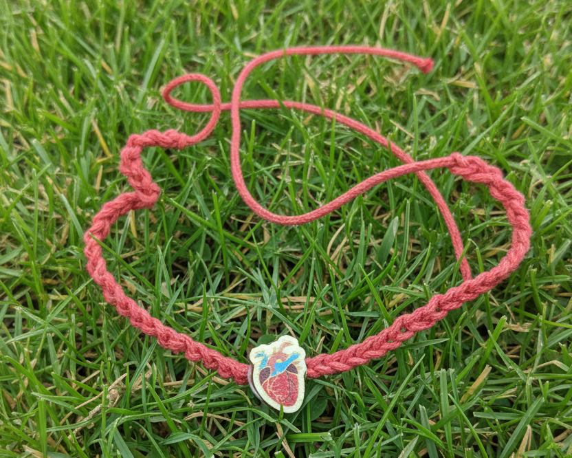 A coral pink braided cord bracelet with a small heart charm featured on a grass background