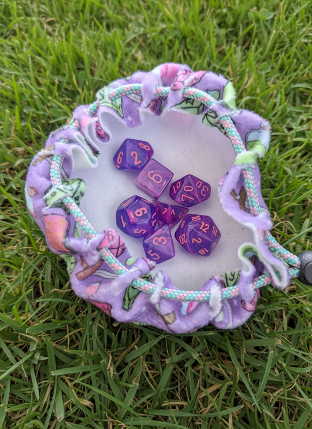Fleece Dice Bags - Adventuring Items , Dice, Meeple & Board Game Items - Repeat Pattern fabric DND, D&D, TTRPG Accessories.