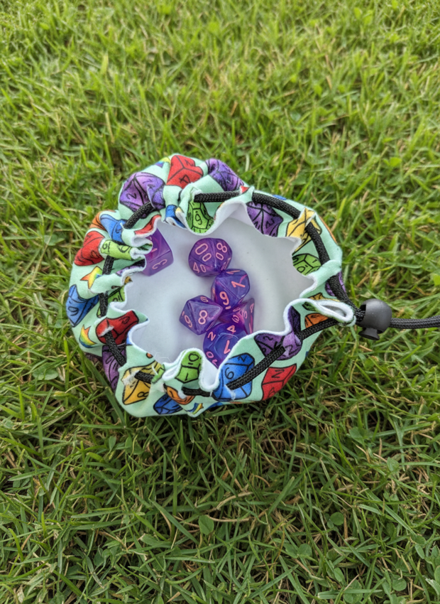 Fleece Dice Bags - Adventuring Items , Dice, Meeple & Board Game Items - Repeat Pattern fabric DND, D&D, TTRPG Accessories.