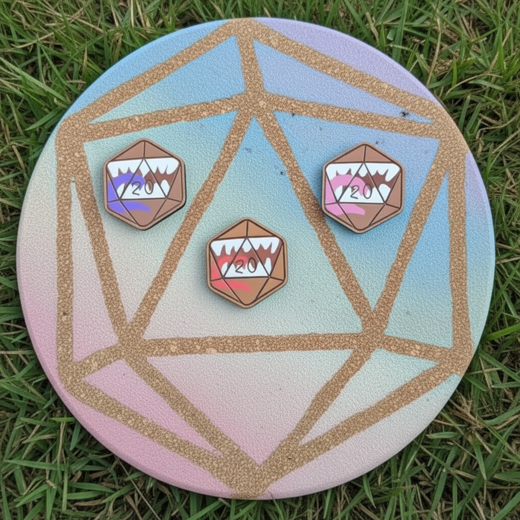 Three pins shaped like polyhedral gaming dice with teeth displayed on a round pastel geometric board  on a grass background.