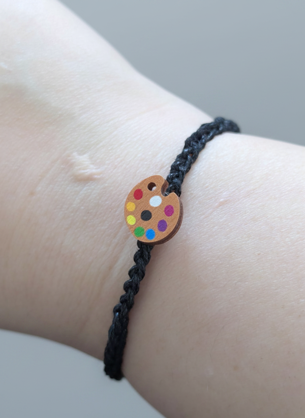 Artist Palette wooden charm bracelet, handmade friendship bracelet, waxed cord, Accessories