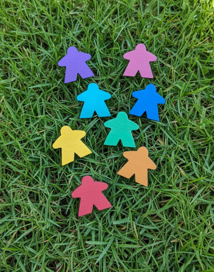 Colorful game pieces meeple pins on a grass background.