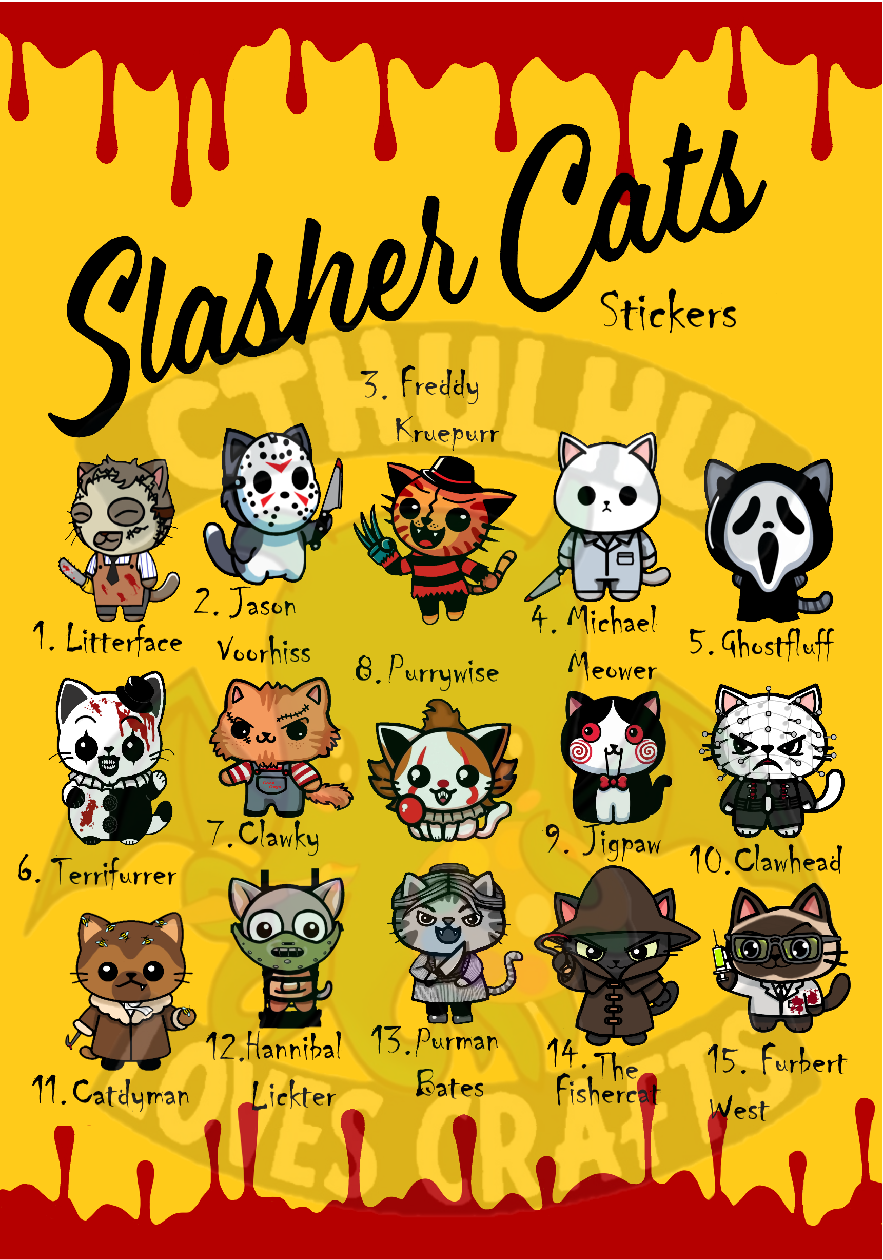 Slasher Cats Horror Movie Puns Iconic Killers / Villains as Cute Kitties, Pack of 5 stickers or buy individually Freddie Kreuger, Jason Voorhees, Michael Myers Jigsaw, Leatherface and more