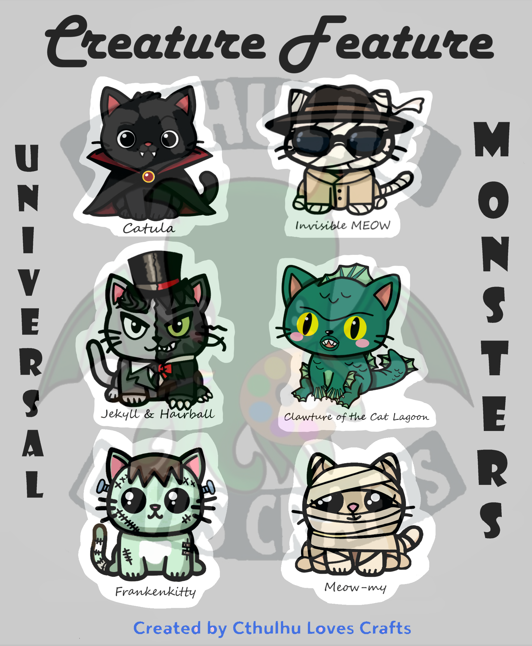 Vinyl Halloween Stickers, Universal Classis Monsters Cats / Horror Creature Feature Pack of 6 Dr. Jekyll & Mr. Hyde, Invisible Man, Dracula & more